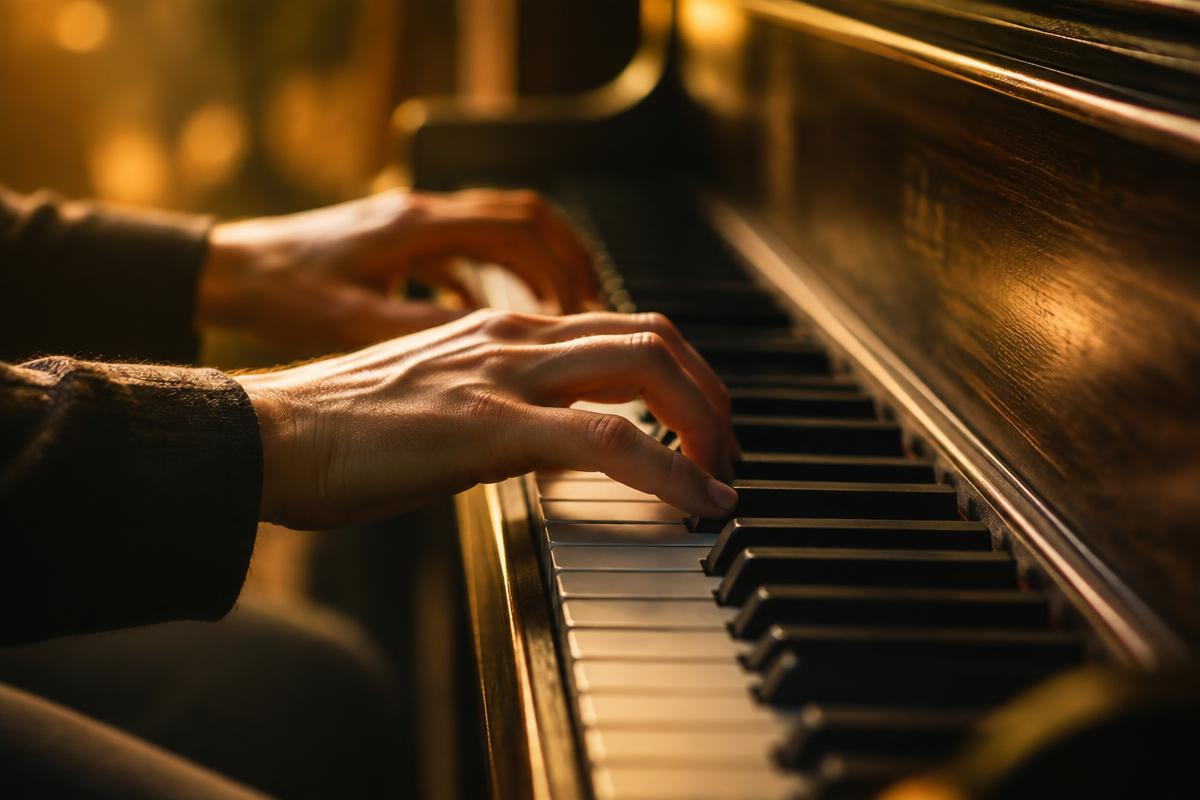 Manos tocando el piano bajo una cálida luz lateral