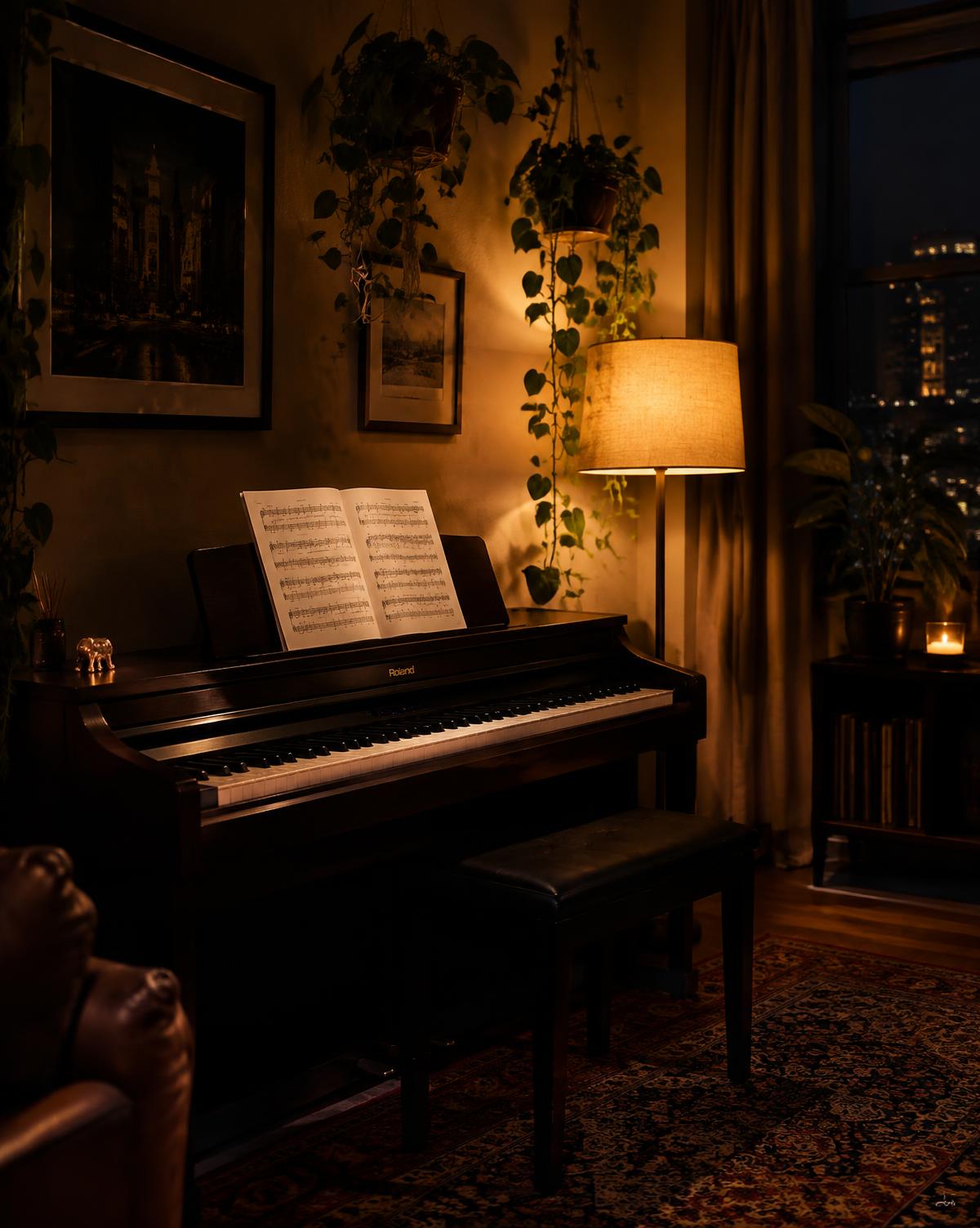 Estudio de piano Clave de Sol con piano de madera oscura, partituras y lámpara cálida